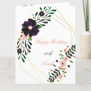 Tarjeta de cumpleaños floral geométrica Gold Frame