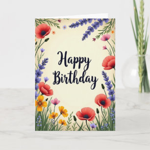 Tarjeta de cumpleaños floral iluminada por el sol