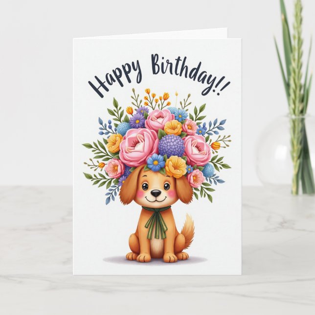 Tarjeta de cumpleaños floral para perro alegre (Anverso)