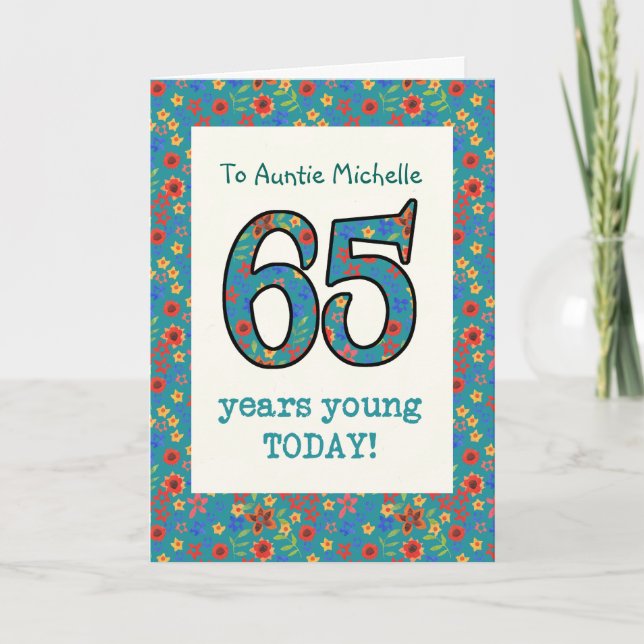 Tarjeta de cumpleaños floral personalizado 65 años (Anverso)