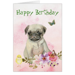 Tarjeta de cumpleaños floral Pug Puppy
