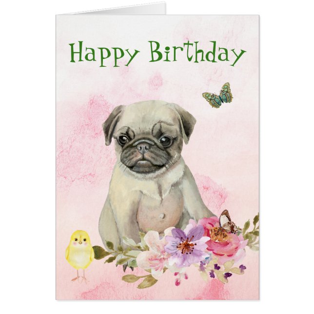 Tarjeta de cumpleaños floral Pug Puppy (Frente)