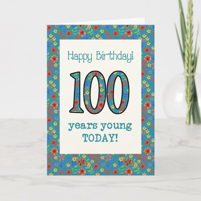 Tarjeta de cumpleaños floral retro 100 años joven (Anverso)
