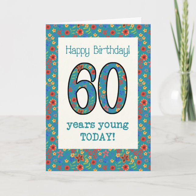 Tarjeta de cumpleaños floral retro 60 años joven (Anverso)