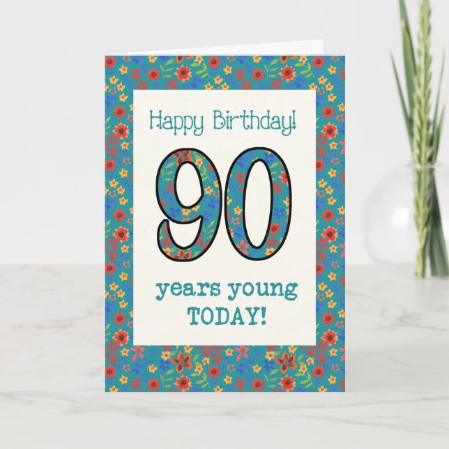 Tarjeta de cumpleaños floral retro 90 años joven (Anverso)