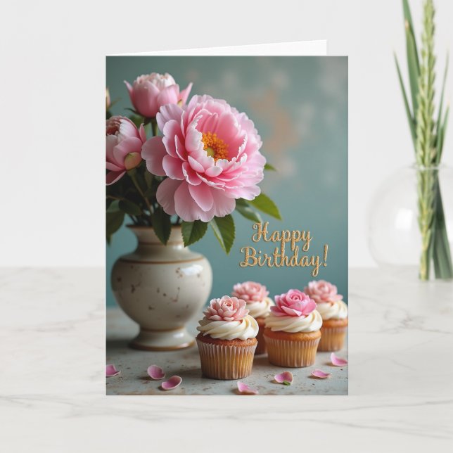 Tarjeta de cumpleaños floral rosa alegre (Anverso)