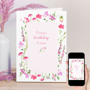 Tarjeta de cumpleaños floral rosa con flor silvest
