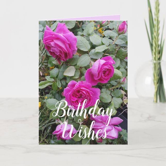 Tarjeta de cumpleaños floral rosa con Rosa de cose (Anverso)