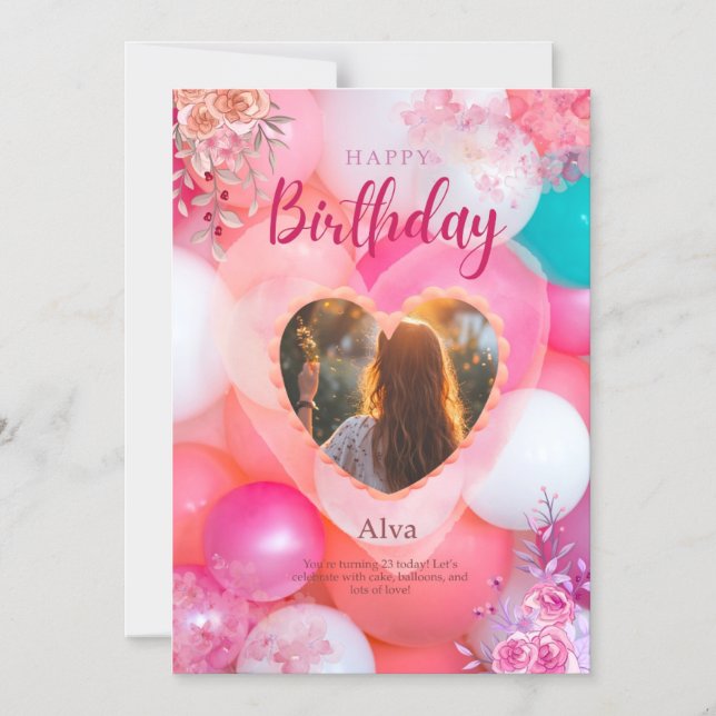 Tarjeta de cumpleaños floral rosa y blanca (Anverso)