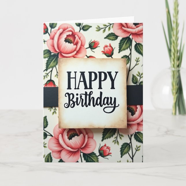 Tarjeta de cumpleaños floral texturizada (Anverso)