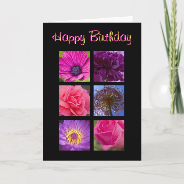 Tarjeta de cumpleaños - flores púrpuras rosadas (Anverso)