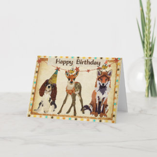 Tarjeta de cumpleaños Fox, Dog, Fawn y Little Bird
