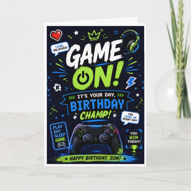 Tarjeta de cumpleaños 'Game On' para hijo – Cumple (Anverso)