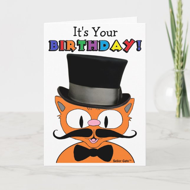 Tarjeta de cumpleaños gato bigote de dibujos anima (Anverso)