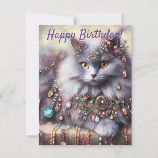 Tarjeta de cumpleaños Gato Gris Largo de Pelo Joya (Anverso)