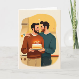 Tarjeta de cumpleaños gay: dos hombres con pastel 