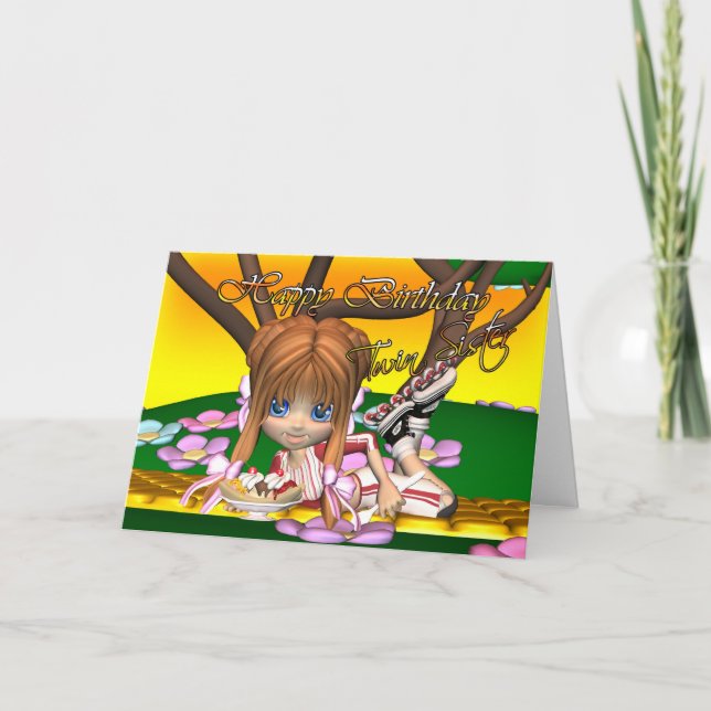 Tarjeta de cumpleaños gemela con pastel cortado de (Anverso)