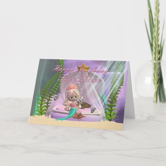 Tarjeta de cumpleaños gemela con sirena pequeña y (Anverso)