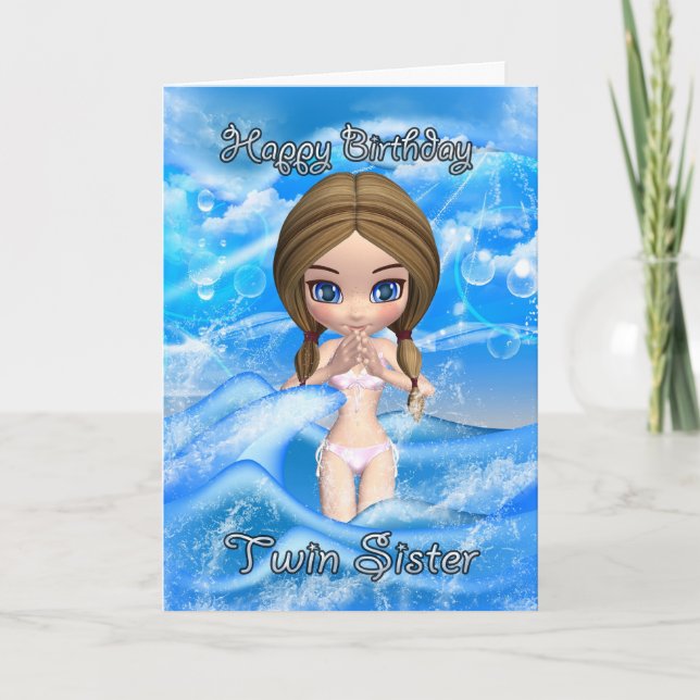 tarjeta de cumpleaños gemela - natación chica (Anverso)
