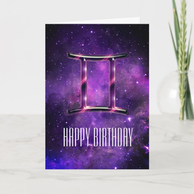 Tarjeta de cumpleaños Gemini Purple Space (Anverso)