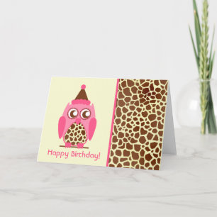 Tarjeta de cumpleaños Giraffe Print & Pink Owl
