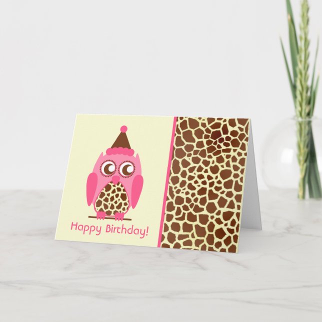 Tarjeta de cumpleaños Giraffe Print & Pink Owl (Anverso)