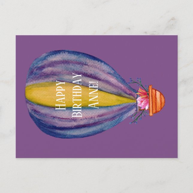 Tarjeta de cumpleaños globo aerostático y flores (Anverso)