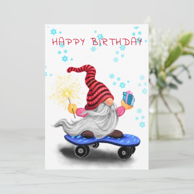 Tarjeta de cumpleaños Gnome del patinador feliz co (Anverso de pie)