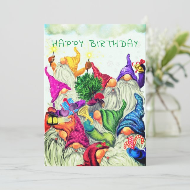 Tarjeta de cumpleaños Gnomes Navidades Felices (Anverso de pie)