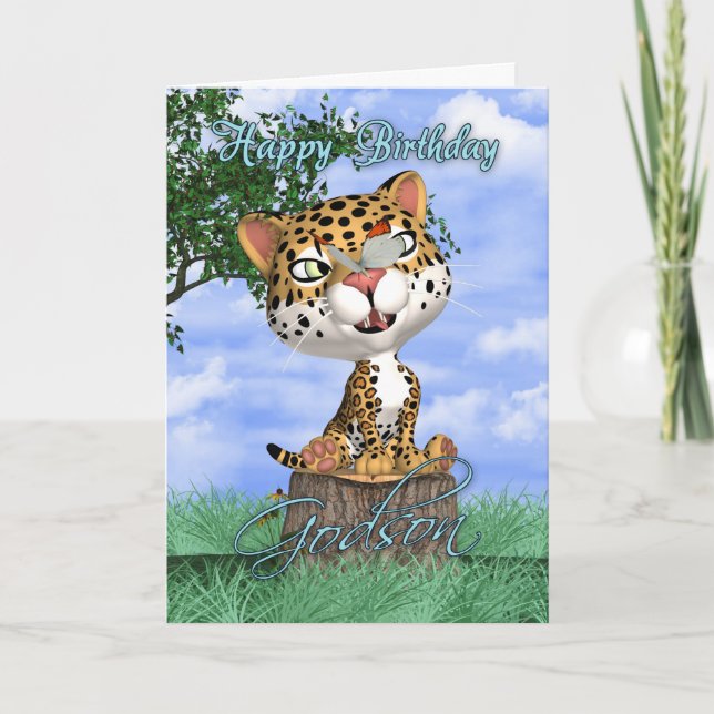 Tarjeta De Cumpleaños Godson Con Jaguar Y Butterfl (Anverso)