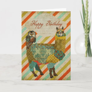 Tarjeta de cumpleaños Gold Alpaca y Lechuza Verde 