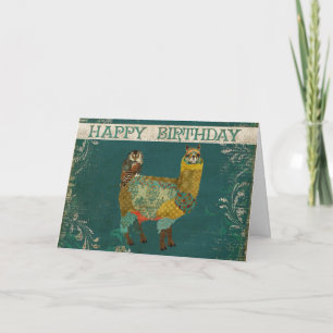 Tarjeta de cumpleaños Gold Alpaca y Lechuza Verde