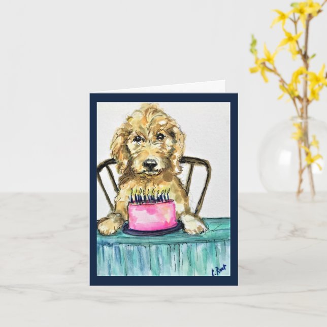 Tarjeta de cumpleaños Goldendoodle (flor amarilla)