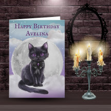 Tarjeta de cumpleaños gótica adorable de gato negr