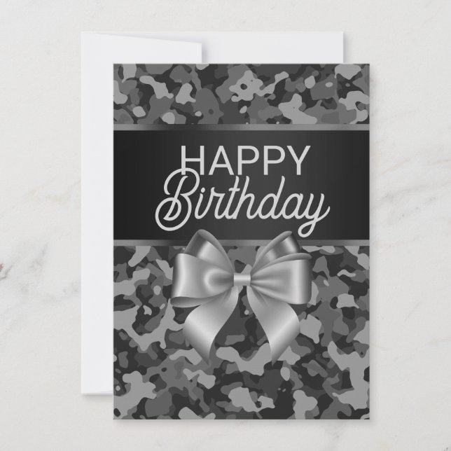 Tarjeta de cumpleaños Gray Camo & Bow Happy (Anverso)