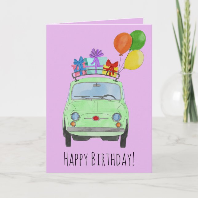 Tarjeta de cumpleaños Green Retro Fiat 500 (Anverso)