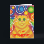 Tarjeta de 'cumpleaños groovly' "Husband", con un<br><div class="desc">¡Bebé! Un gato amarillo y naranja a rayas con bigotes giratorios y un fondo sicodélico con motivos de arco iris. Tarjeta de felicitación con un diseño de personalizable amarillo, naranja, rojo, azul, verde, rosa, púrpura y blanco para que pueda personalizar con su propio texto, imágenes e ideas.Un dibujo original de...</div>