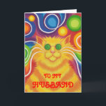 Tarjeta de 'cumpleaños groovly' "Husband", con un<br><div class="desc">¡Bebé! Un gato amarillo y naranja a rayas con bigotes giratorios y un fondo sicodélico con motivos de arco iris. Tarjeta de felicitación con un diseño de personalizable amarillo, naranja, rojo, azul, verde, rosa, púrpura y blanco para que pueda personalizar con su propio texto, imágenes e ideas.Un dibujo original de...</div>