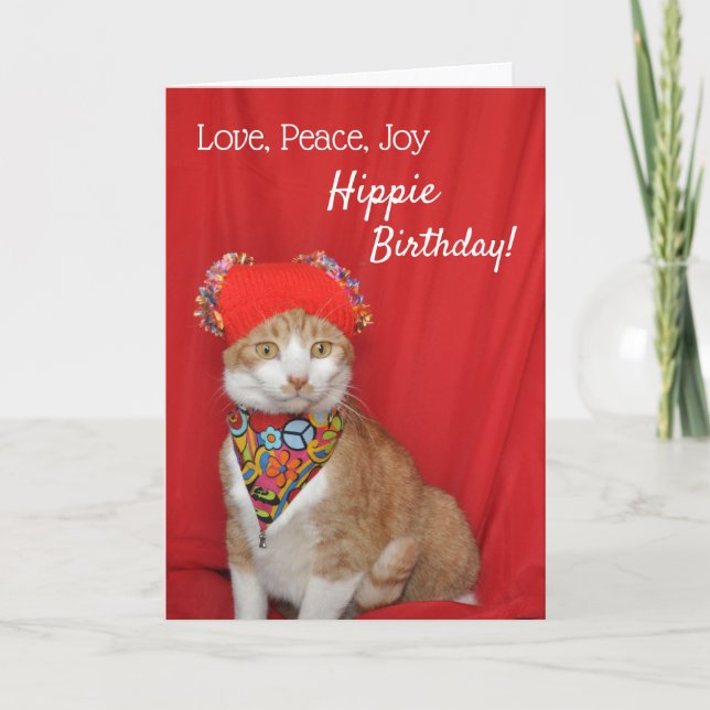 Tarjeta de cumpleaños Hippy para naranja y gato bl (Anverso)