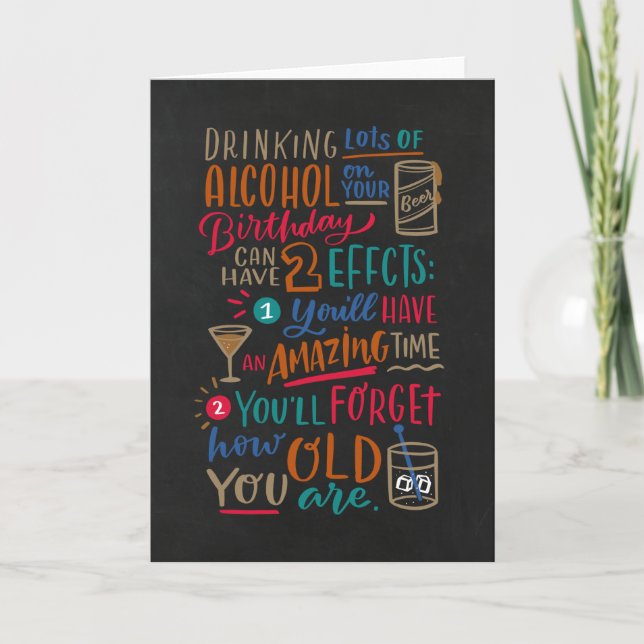 Tarjeta de cumpleaños humorística sobre beber alco (Anverso)