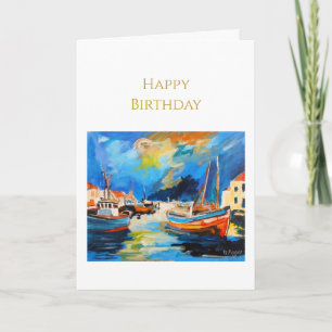 Tarjeta de cumpleaños impresionista del puerto