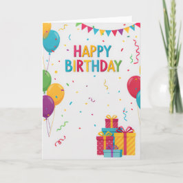 Tarjeta de cumpleaños infantil con globos y regalo
