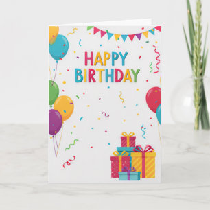 Tarjeta de cumpleaños infantil con globos y regalo