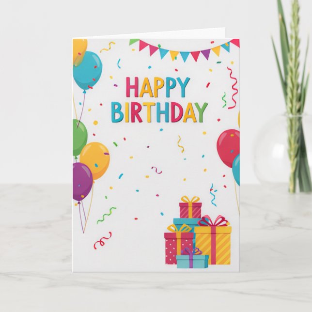 Tarjeta de cumpleaños infantil con globos y regalo (Anverso)