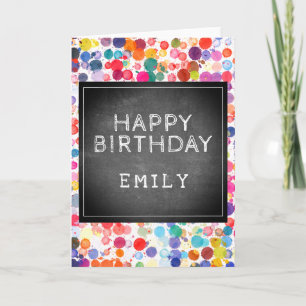 Tarjeta de cumpleaños infantil con manchas colorid