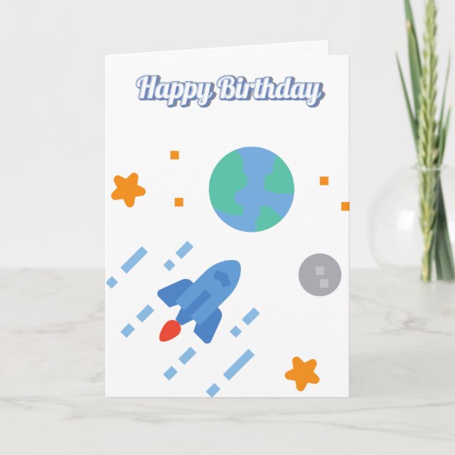 Tarjeta de cumpleaños infantil con tema espacial p (Anverso)