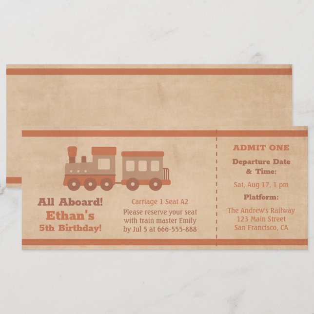 Tarjeta de Cumpleaños Infantil de Billete de Tren (Anverso / Reverso)