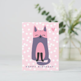 Tarjeta de cumpleaños infantil de gato morado y ro