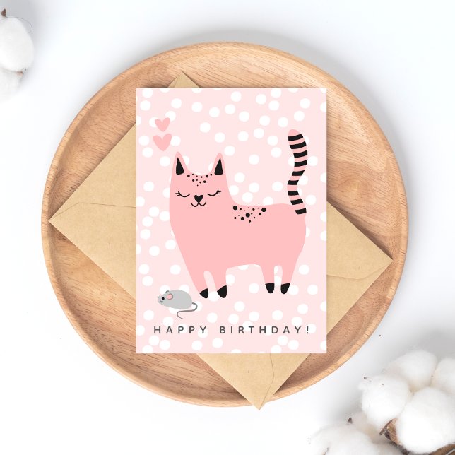 Tarjeta de cumpleaños infantil de gato rosa lindo (Subido por el creador)