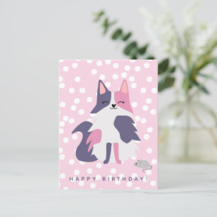 Tarjeta de cumpleaños infantil de gato rosa y mora
